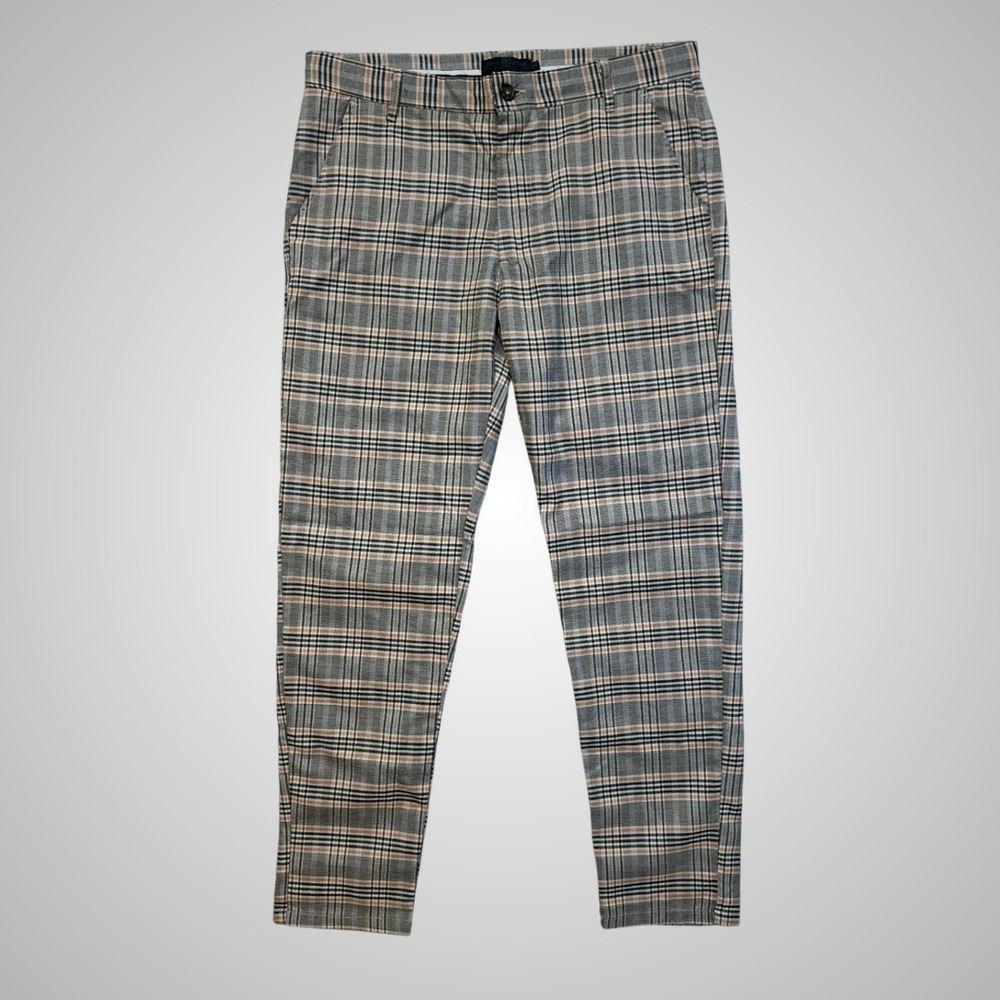 Soul Star Plaid Trousers Men 34 Golf Office Gray Orange Excellent Slim Fit Check